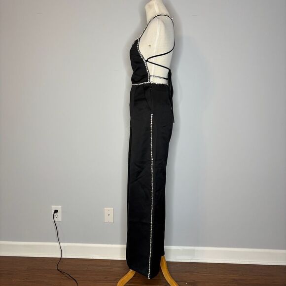 Nasty Gal- Black Premium Satin Diamante Trim Strap Back Jumpsuit - Picture 7 of 7